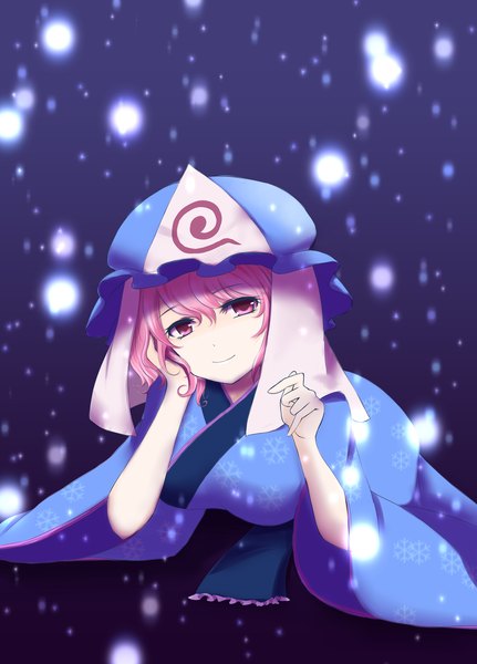 Anime picture 1512x2102 with touhou saigyouji yuyuko single tall image looking at viewer short hair purple eyes pink hair upper body girl dress bonnet