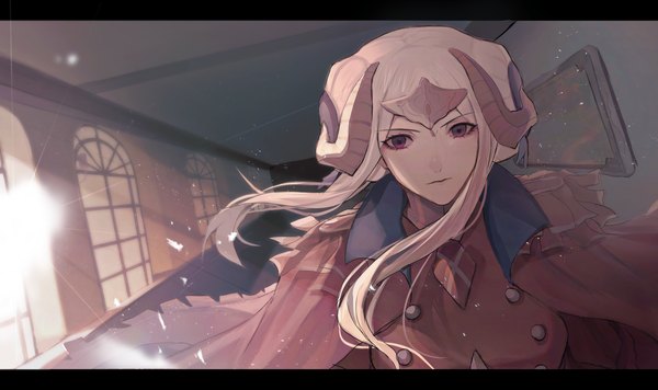 Anime picture 2048x1214 with fire emblem fire emblem: three houses nintendo edelgard von hresvelg mev single looking at viewer highres short hair wide image purple eyes upper body white hair indoors horn (horns) floating hair girl window hallway