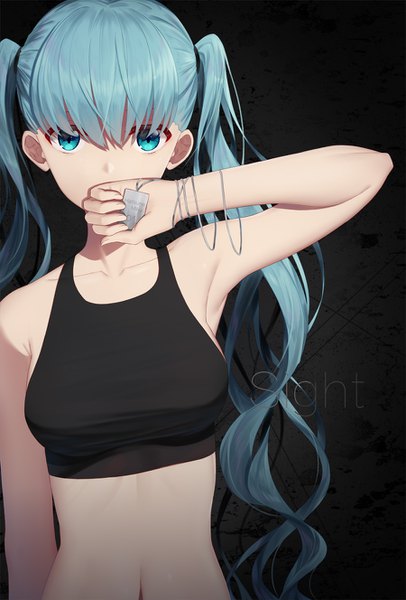 Anime picture 900x1328 with vocaloid hatsune miku ji dao ji single long hair tall image looking at viewer fringe breasts blue eyes standing twintails holding aqua hair armpit (armpits) sleeveless text dark background english covered mouth