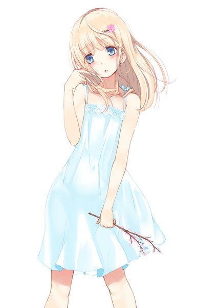 Anime picture 744x1052 with original asterism single long hair tall image blush blue eyes simple background blonde hair white background bare shoulders :o cherry blossoms see-through silhouette girl dress hair ornament plant (plants) tree (trees) hairclip