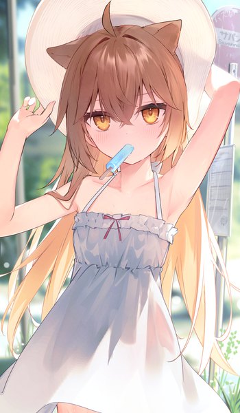 Anime picture 3057x5240 with virtual youtuber indie virtual youtuber rurudo lion t6 ti single long hair tall image looking at viewer blush fringe highres hair between eyes brown hair standing holding brown eyes animal ears payot absurdres ahoge
