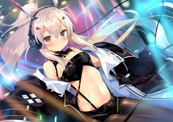 Anime picture 1400x990 with azur lane ayanami (azur lane) ayanami (rock'n kijin) (azur lane) kurot single long hair looking at viewer blush fringe breasts light erotic blonde hair hair between eyes bare shoulders brown eyes payot ponytail bare belly sweat dutch angle