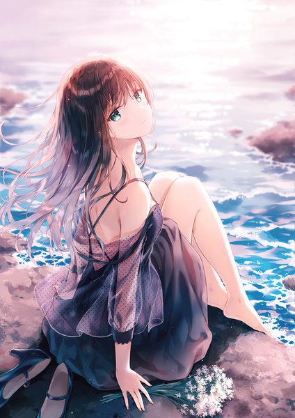 Anime picture 849x1200 with original hiten (hitenkei) single long hair tall image looking at viewer fringe breasts brown hair sitting bare shoulders green eyes payot full body bent knee (knees) outdoors long sleeves head tilt barefoot fingernails