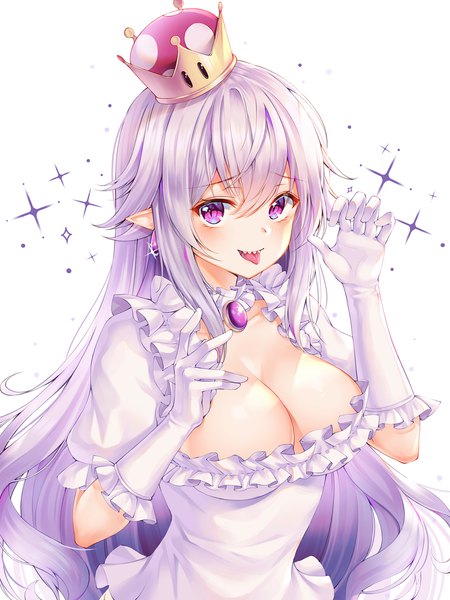 Anime picture 1500x2000 with super mario bros. new super mario bros. u deluxe princess king boo mellozzo single long hair tall image looking at viewer blush fringe breasts light erotic simple background hair between eyes large breasts standing white background payot cleavage silver hair