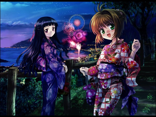 Anime picture 1280x960 with card captor sakura clamp kinomoto sakura daidouji tomoyo mutsuki (moonknives) japanese clothes wallpaper fireworks yukata