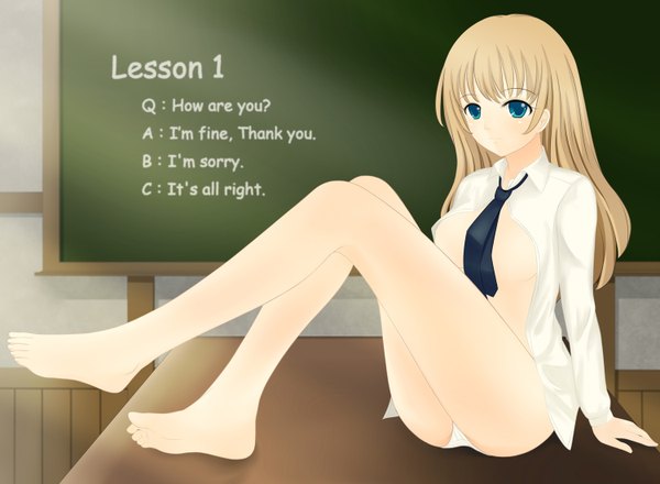 Anime picture 1500x1100 with ervin (jennlung) single long hair breasts blue eyes light erotic blonde hair barefoot open clothes open shirt girl underwear panties necktie blackboard