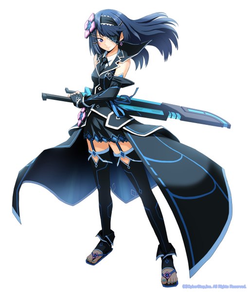 Anime picture 2226x2618 with cosmic break morizo cs (artist) single long hair tall image highres blue eyes black hair simple background white background fighting stance girl dress weapon detached sleeves sword eyepatch
