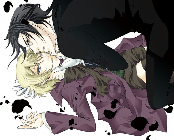 Anime picture 1024x827 with kuroshitsuji a-1 pictures alois trancy claude faustus matsukuro (artist) short hair blue eyes black hair blonde hair yellow eyes profile shounen ai thighhighs boy gloves bow black thighhighs petals glasses shorts