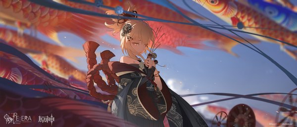 Anime picture 3360x1440 with genshin impact yoimiya (genshin impact) void 0 (artist) single looking at viewer fringe highres short hair blonde hair wide image standing holding signed yellow eyes sky cloud (clouds) upper body ponytail traditional clothes japanese clothes