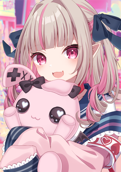 Anime picture 2236x3184 with virtual youtuber nijisanji makaino ririmu makaino ririmu (4th costume) sapphire (sapphire25252) single long hair tall image fringe highres open mouth blonde hair blunt bangs :d pink eyes multicolored hair pointy ears fang (fangs) two side up streaked hair