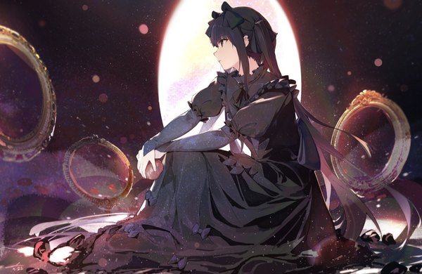 Anime picture 1242x807 with virtual youtuber hololive hololive english ninomae ina'nis jushoro single black hair sitting twintails payot looking away very long hair profile black eyes alternate costume lolita fashion goth-loli girl dress bow