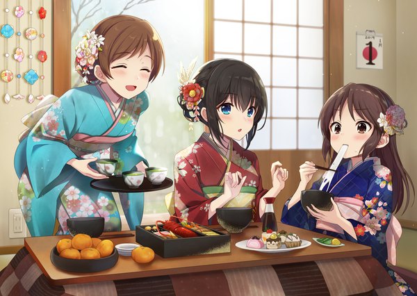 Anime picture 1124x799 with idolmaster idolmaster cinderella girls sagisawa fumika nitta minami tachibana arisu azuki yui long hair blush short hair open mouth blue eyes black hair smile brown hair standing sitting multiple girls brown eyes looking away indoors