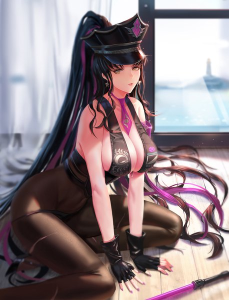 Anime picture 900x1178 with fate (series) fate/grand order sesshouin kiara sesshouin kiara (swimsuit mooncancer) (fate) dongfangzhong111 single tall image looking at viewer fringe breasts light erotic black hair large breasts sitting brown eyes cleavage bent knee (knees) ponytail indoors very long hair