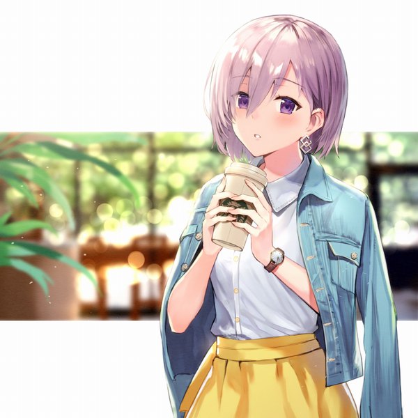 Anime picture 800x800 with fate (series) fate/grand order mash kyrielight haru (hiyori-kohal) single looking at viewer blush fringe short hair hair between eyes purple eyes holding pink hair upper body parted lips blurry alternate costume lens flare clothes on shoulders denim