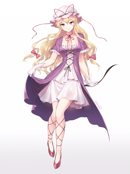 Anime picture 1080x1440 with touhou yakumo yukari minust single long hair tall image looking at viewer fringe breasts simple background blonde hair smile standing white background purple eyes holding cleavage full body head tilt short sleeves