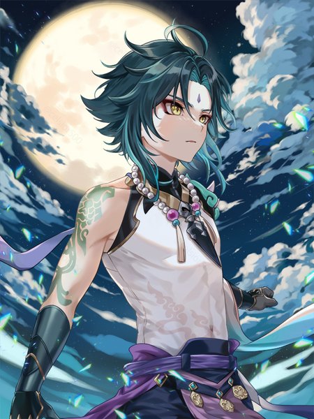 Anime picture 600x800 with genshin impact xiao (genshin impact) cinquecento single tall image short hair standing yellow eyes looking away cloud (clouds) upper body outdoors night tattoo covered navel forehead mark dark hair boy moon full moon