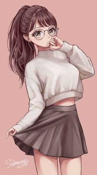 Anime picture 1155x2072 with original sakunagita single long hair tall image looking at viewer fringe simple background brown hair standing signed ponytail long sleeves nail polish fingernails grey eyes sleeves past wrists pink background covered mouth hand to mouth
