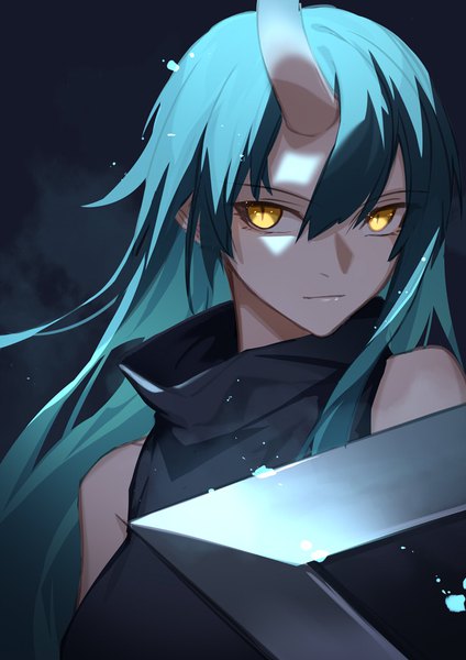 Anime picture 744x1052 with arknights hoshiguma (arknights) leris muma single long hair tall image looking at viewer fringe breasts hair between eyes bare shoulders yellow eyes upper body head tilt horn (horns) green hair sleeveless portrait shaded face slit pupils
