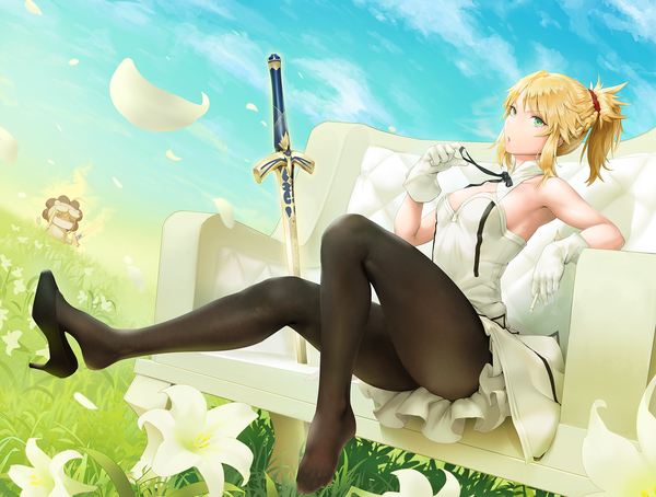 Anime picture 1901x1440 with fate (series) fate/grand order fate/apocrypha mordred (fate) kunaboto looking at viewer fringe highres short hair breasts open mouth light erotic blonde hair sitting multiple girls holding green eyes payot sky cloud (clouds)