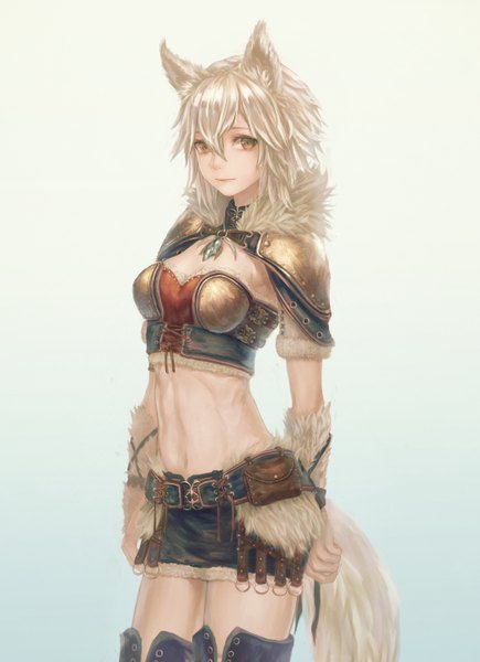 Anime picture 1048x1443 with original yazuwo single tall image looking at viewer fringe short hair breasts simple background standing brown eyes animal ears silver hair tail animal tail bare belly fur trim girl fur