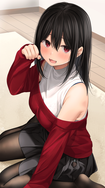 Anime picture 1152x2048 with original ramchi single long hair tall image looking at viewer blush fringe breasts open mouth light erotic black hair hair between eyes red eyes sitting payot indoors long sleeves :d pleated skirt