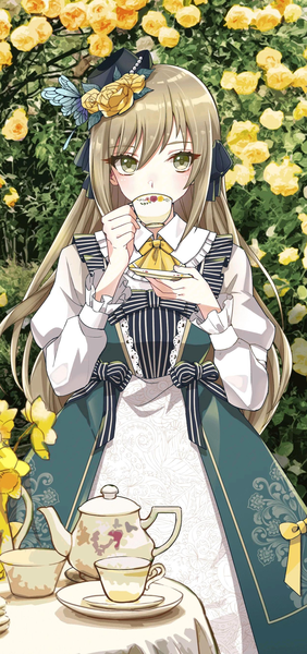 Anime picture 1256x2668 with tagme (artist) single long hair tall image looking at viewer fringe hair between eyes brown hair standing holding green eyes long sleeves hair flower puffy sleeves striped lolita fashion drinking girl dress flower (flowers)