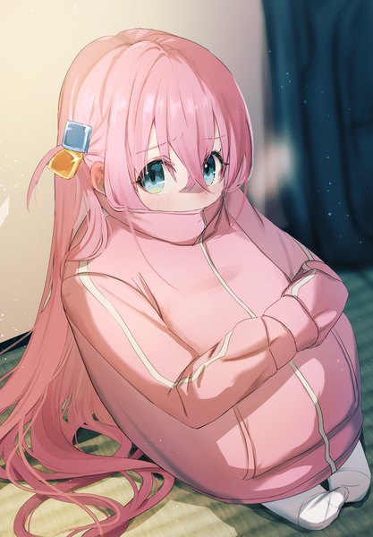Anime picture 1330x1913 with bocchi the rock! cloverworks gotou hitori dolce (dolsuke) single long hair tall image looking at viewer blush fringe blue eyes hair between eyes sitting pink hair indoors long sleeves one side up covered mouth hands in sleeves girl