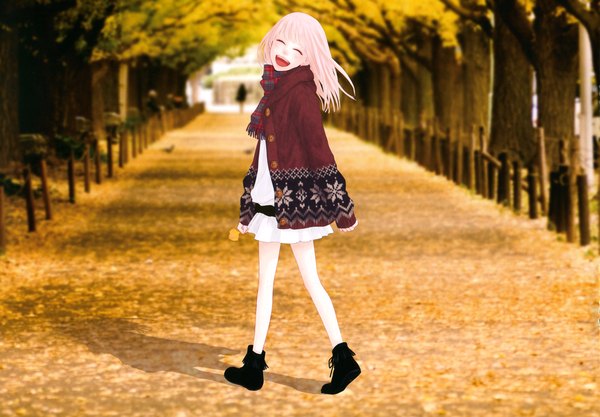Anime picture 3445x2400 with vocaloid just be friends (vocaloid) megurine luka yunomi (yunomi imonuy) single long hair blush highres open mouth pink hair absurdres eyes closed happy girl plant (plants) tree (trees) scarf foliage