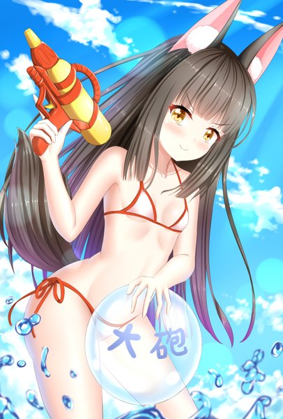 Anime picture 2300x3400 with azur lane nagato (azur lane) denfunsan single long hair tall image looking at viewer blush fringe highres light erotic black hair smile standing bare shoulders holding animal ears yellow eyes sky cloud (clouds)