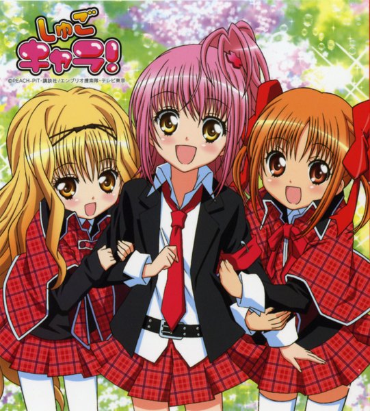 Anime picture 1284x1425 with shugo chara! hinamori amu mashiro rima yuiki yaya long hair tall image blush open mouth blonde hair brown hair multiple girls brown eyes pink hair tail group girl uniform bow school uniform 3 girls