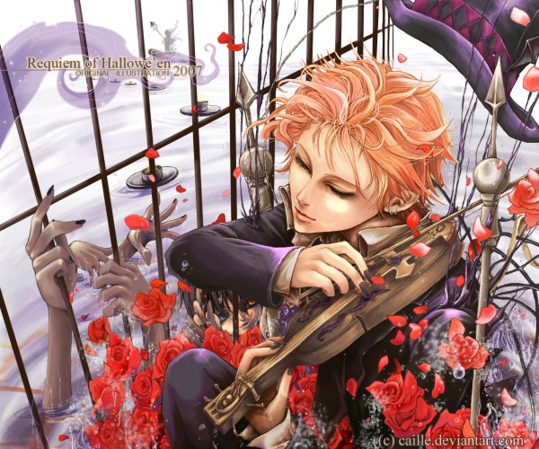 Anime picture 1200x1000 with original caille short hair brown hair eyes closed nail polish orange hair heterochromia boy flower (flowers) petals water rose (roses) musical instrument hands top hat violin bow (instrument)
