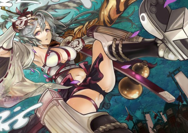 Anime picture 1200x847 with original ryuuri susuki (artist) long hair breasts light erotic red eyes nail polish grey hair army girl underwear panties weapon detached sleeves petals armor fingerless gloves