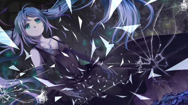 Anime picture 2000x1125 with vocaloid hatsune miku mariwai (marireroy) single long hair highres wide image twintails blue hair aqua eyes girl dress gloves ribbon (ribbons) hair ribbon elbow gloves