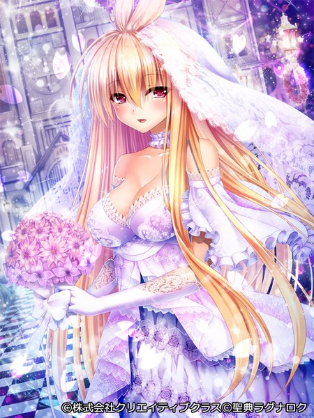Anime picture 600x800 with seiten ragnarok pochadon single long hair tall image looking at viewer blush open mouth light erotic blonde hair red eyes girl dress gloves flower (flowers) elbow gloves white gloves bouquet wedding dress