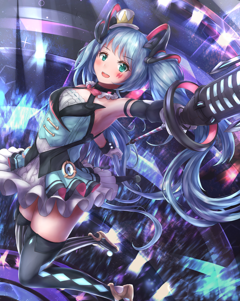 Anime picture 1600x2000 with vocaloid magical mirai (vocaloid) hatsune miku magical mirai miku magical mirai miku (2019) absent single long hair tall image looking at viewer blush breasts open mouth smile twintails holding blue hair full body bent knee (knees) :d