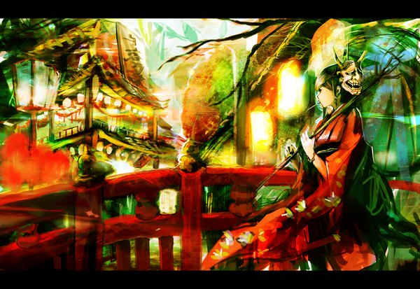 Anime picture 1500x1034 with hinomoto oniko so-bin japanese clothes letterboxed girl kimono building (buildings) mask lantern bridge