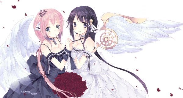 Anime picture 1918x1031 with sora no otoshimono ikaros kazane hiyori loading long hair blush highres blue eyes black hair smile wide image multiple girls pink hair black eyes girl dress flower (flowers) 2 girls petals wings