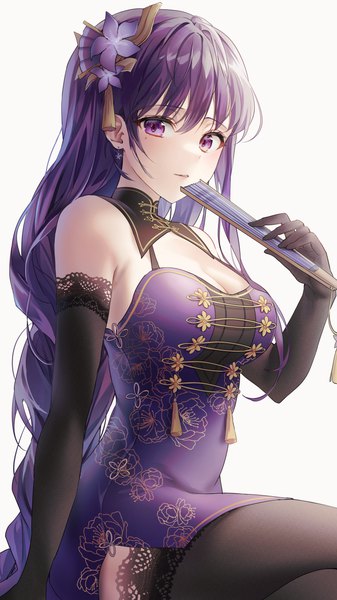 Anime picture 2880x5120 with genshin impact raiden shogun nagul single long hair tall image looking at viewer blush fringe highres breasts simple background hair between eyes white background sitting purple eyes holding purple hair braid (braids) traditional clothes