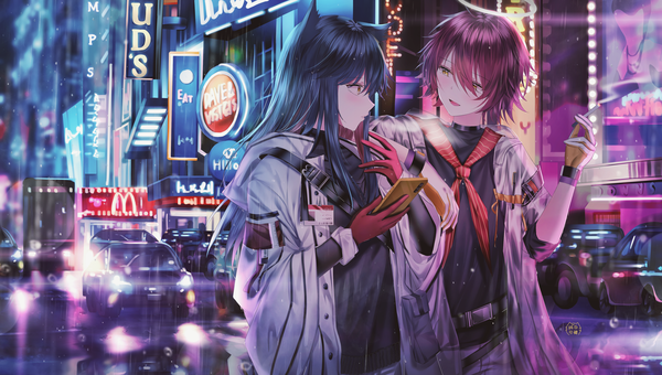 Anime picture 4752x2700 with arknights mcdonald's texas (arknights) exusiai (arknights) texas (winter messenger) (arknights) exusiai (city rider) (arknights) junpaku karen long hair blush fringe highres short hair open mouth black hair smile hair between eyes wide image standing multiple girls holding