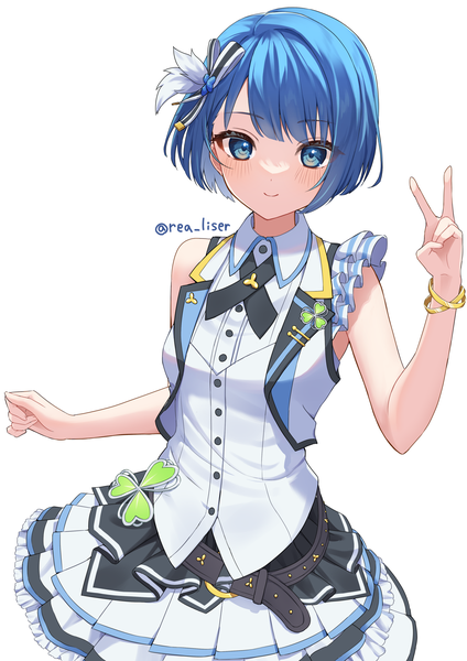 Anime picture 2000x2829 with project sekai kiritani haruka rea liser single tall image looking at viewer blush highres short hair blue eyes simple background smile white background signed blue hair sleeveless twitter username victory girl hair ornament