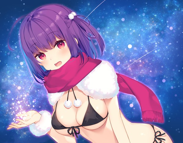 Anime picture 1205x943 with original bekotarou single looking at viewer blush fringe short hair breasts open mouth light erotic hair between eyes red eyes large breasts cleavage purple hair ahoge ponytail :d night dutch angle