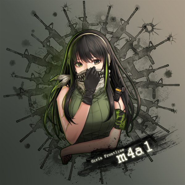 Anime picture 1024x1024 with girls frontline m4a1 (girls frontline) ch-chin-chilla single long hair looking at viewer fringe breasts black hair simple background hair between eyes brown eyes payot multicolored hair grey background two-tone hair streaked hair copyright name character names covered mouth