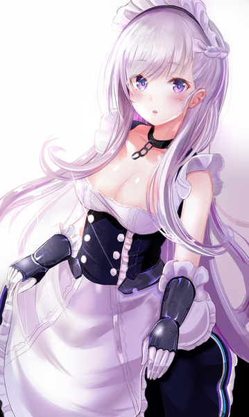 Anime picture 800x1336 with azur lane belfast (azur lane) efuri (riarea00) single long hair tall image looking at viewer blush fringe breasts open mouth light erotic large breasts purple eyes holding cleavage silver hair braid (braids) :o maid