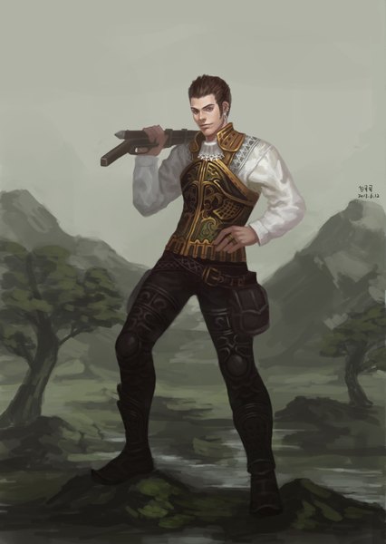 Anime picture 1065x1500 with final fantasy final fantasy xii square enix balthier piaoluo de fei yu single tall image short hair brown hair brown eyes boy weapon plant (plants) earrings tree (trees) armor gun ring neckerchief