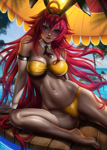 Anime picture 3333x4666 with highschool dxd rias gremory ayyasap single tall image looking at viewer blush fringe highres breasts blue eyes light erotic hair between eyes large breasts sitting signed animal ears absurdres sky ahoge