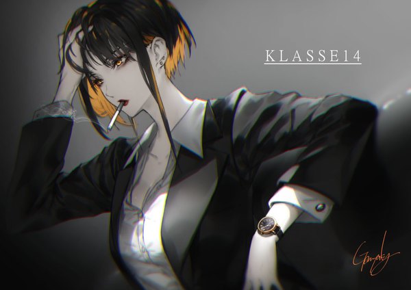Anime picture 990x700 with original klasse14 kyouya (mukuro238) single short hair black hair simple background signed yellow eyes looking away multicolored hair grey background two-tone hair copyright name lipstick piercing ear piercing colored inner hair hand on head open collar