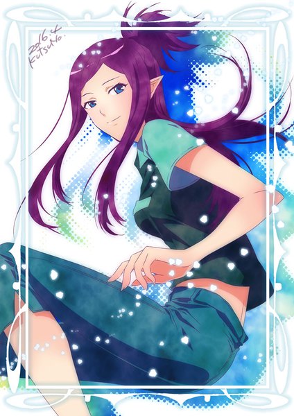 Anime picture 707x1000 with macross macross delta mirage farina jenius kutsuno single long hair tall image looking at viewer blue eyes sitting signed payot purple hair bent knee (knees) ponytail light smile pointy ears short sleeves leaning leaning forward