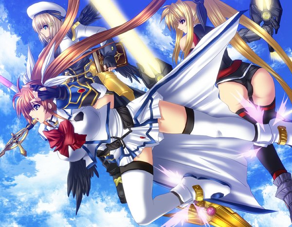 Anime picture 1194x933 with mahou shoujo lyrical nanoha mahou shoujo lyrical nanoha strikers kaname madoka fate testarossa yagami hayate juri (shiningred) long hair short hair blue eyes blonde hair red eyes brown hair twintails multiple girls flying girl thighhighs weapon black thighhighs white thighhighs