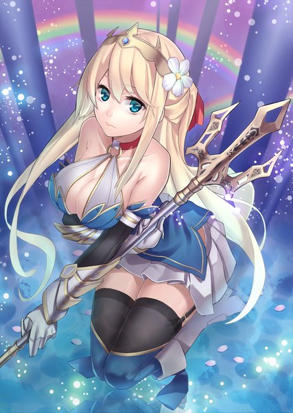 Anime picture 712x1000 with original ray-akila single long hair tall image breasts blue eyes light erotic blonde hair large breasts bare shoulders cleavage hair flower girl thighhighs dress gloves hair ornament flower (flowers) weapon