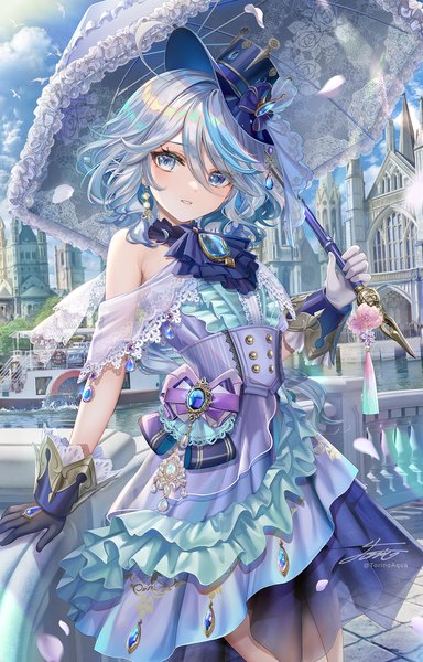 Anime picture 1250x1955 with genshin impact furina (genshin impact) torino aqua single tall image looking at viewer fringe short hair blue eyes hair between eyes bare shoulders holding blue hair silver hair outdoors multicolored hair alternate costume streaked hair revision girl